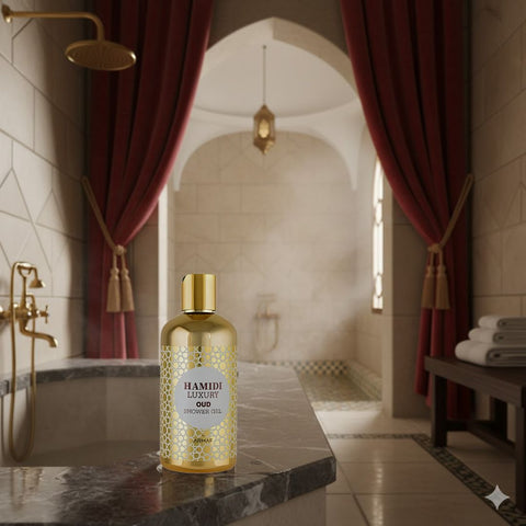 Luxury Oud Shower Gel by Hamidi in a 500ml bottle, featuring a sleek design and rich oud fragrance.
