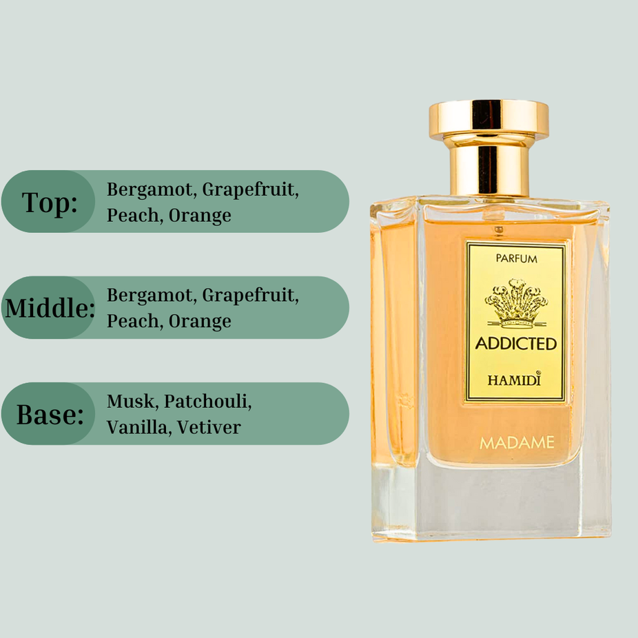 Hamidi Addicted Madame EDP spray bottle, 120ml, with floral fragrance and delicate sweetness, shown in the image.
