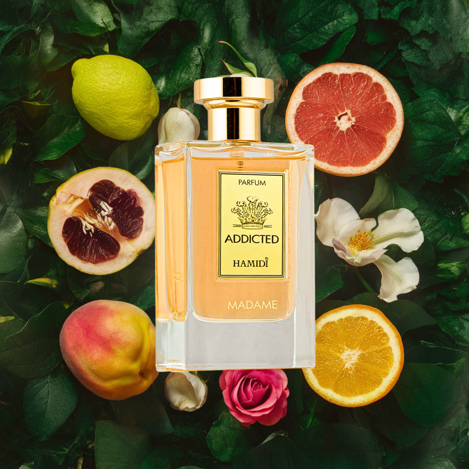Hamidi Addicted Madame EDP spray 120ml bottle featuring floral fragrance with delicate, sweet scent in a sleek perfume bottle.