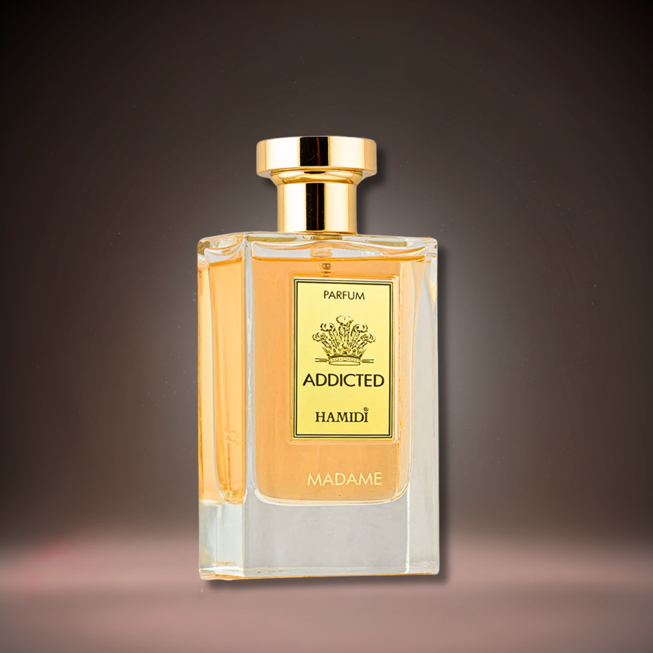 Hamidi Addicted Madame EDP spray bottle with floral design, 120ml (4 oz), showcasing elegant perfume packaging.