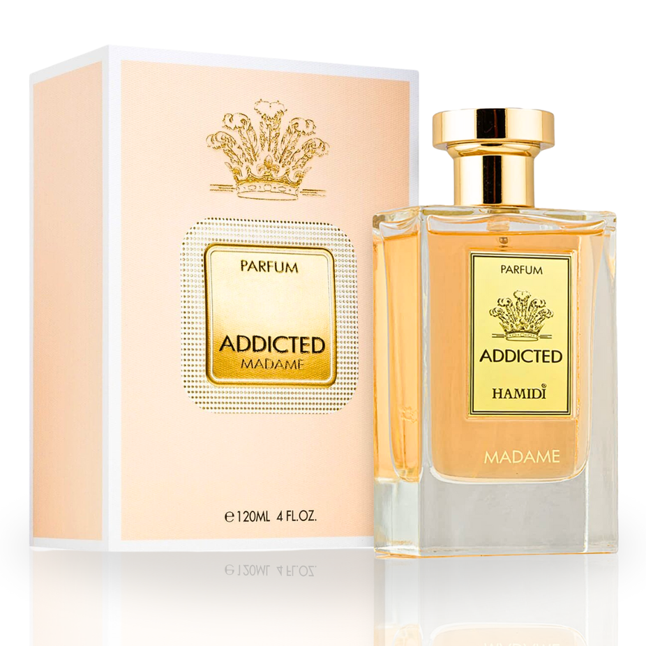 Hamidi Addicted Madame Eau De Parfum spray bottle, 120ml, featuring floral fragrance with delicate sweetness.