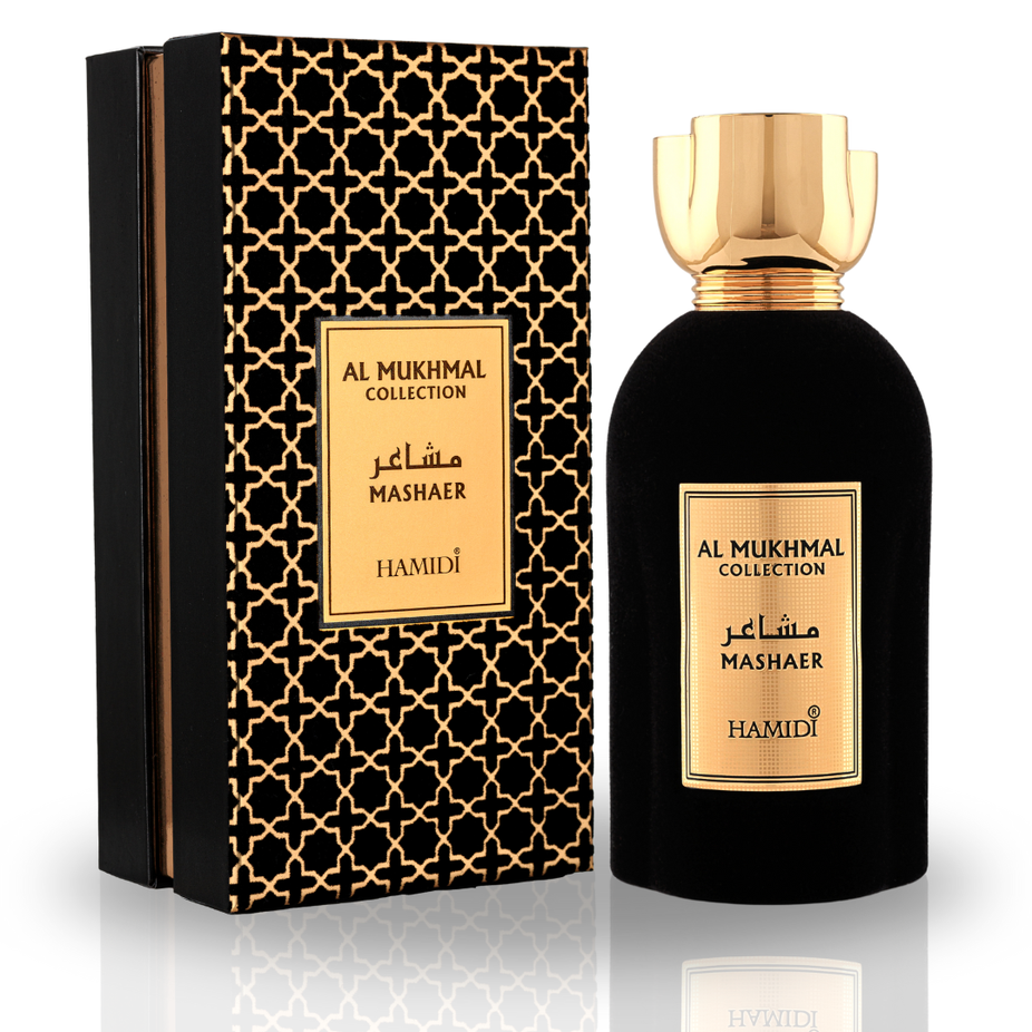 Hamidi Mashaer Eau de Parfum spray bottle, 100ml, with elegant packaging and floral scent display.
