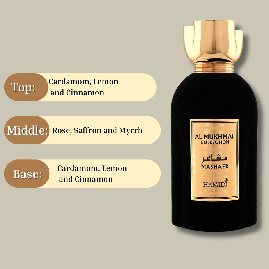 Hamidi Mashaer Eau de Parfum spray 100ml bottle, elegant design with floral and woody notes visible in the image.
