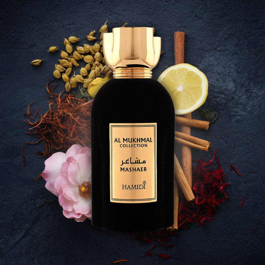Hamidi Mashaer Eau de Parfum spray bottle, 100ml, with elegant packaging and a sleek design, showcasing the fragrance.