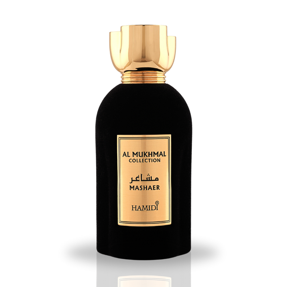 Hamidi Mashaer Eau de Parfum Spray 100ml bottle with elegant design and floral accents, showcasing a luxurious fragrance.