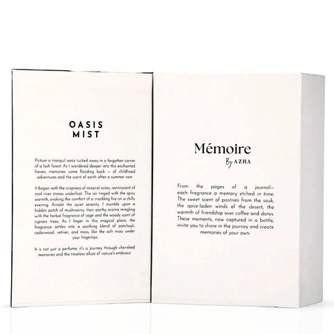 Memoire Collection Azha Oasis Mist Extrait de Parfum Spray 100ml, elegant EDP bottle with luxurious packaging.