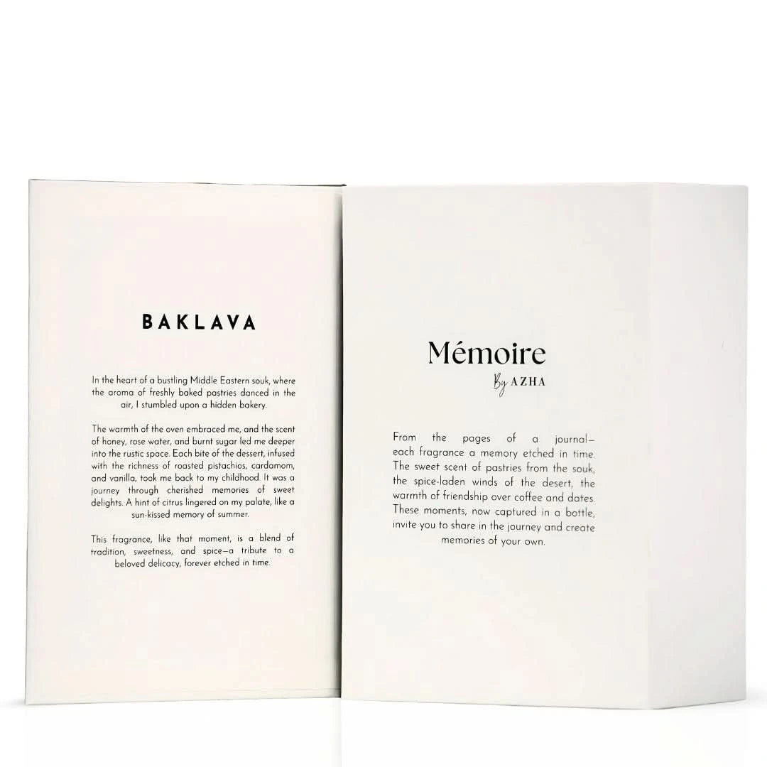 Azha Memoire Collection Baklava Extrait de Parfum Spray 100ml bottle, elegant packaging with perfume spray nozzle.
