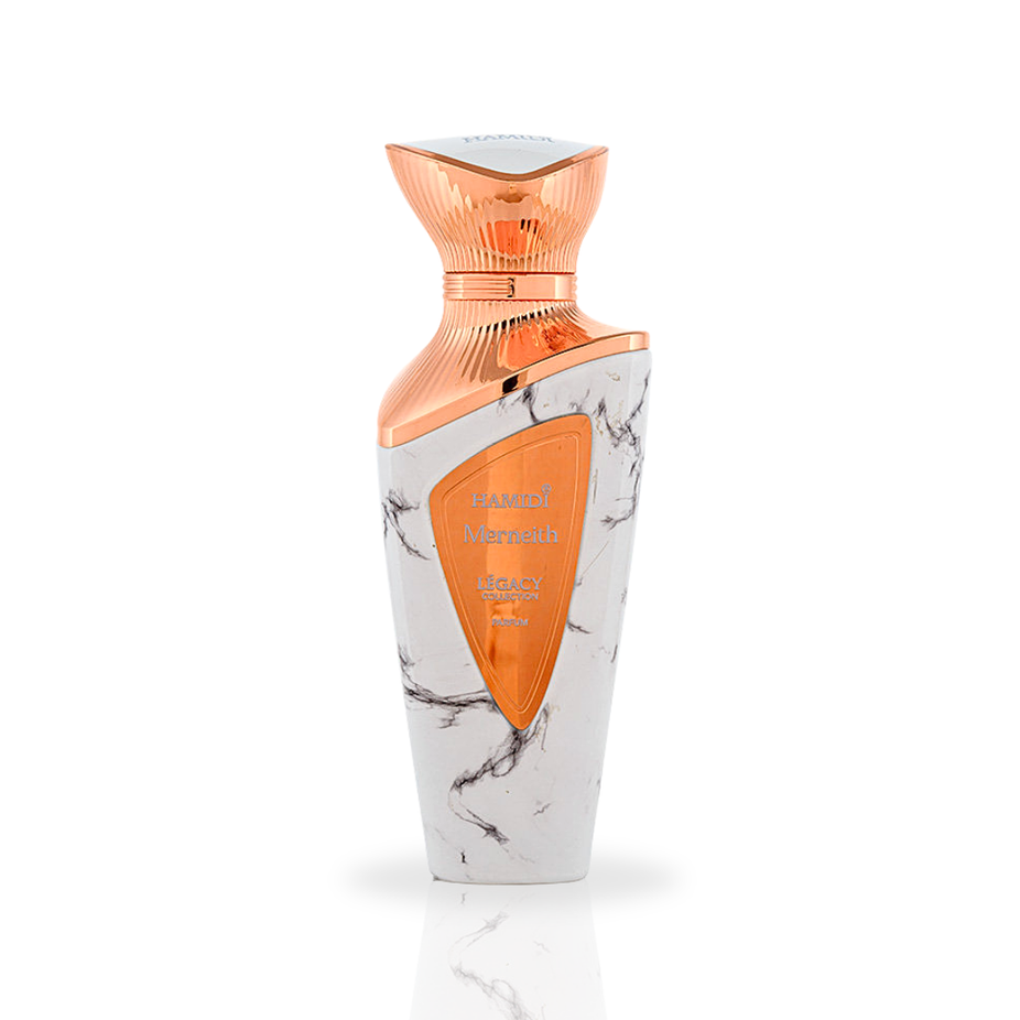 Hamidi Merneith Eau de Parfum spray 100ml bottle, elegant glass container with a black cap and floral design details.