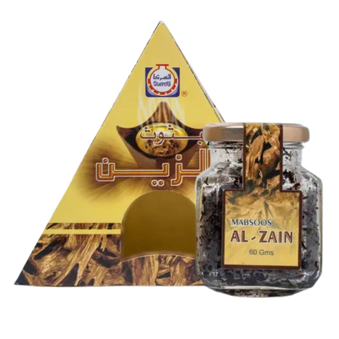 Surrati Mabsoos Al Zain Bakhoor 60 GM, fragrant traditional incense in a decorative container.
