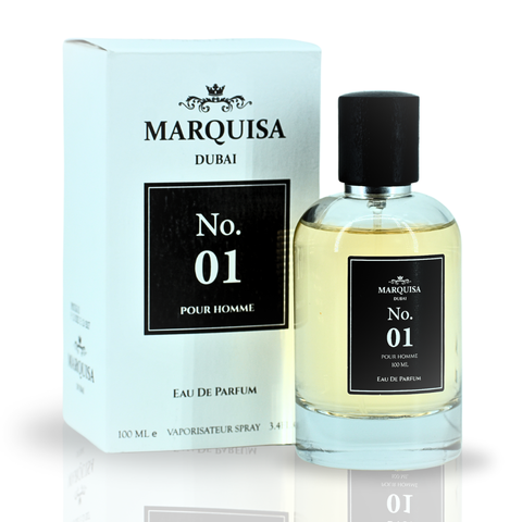 Marquisa Dubai NO. 01 Pour Homme Eau De Parfum spray, 100ml bottle, featuring luxurious long-lasting fragrance.