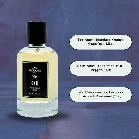 Marquisa Dubai No. 01 Pour Homme Eau De Parfum spray bottle, 100ml, with luxurious, long-lasting fragrance and elegant packaging.