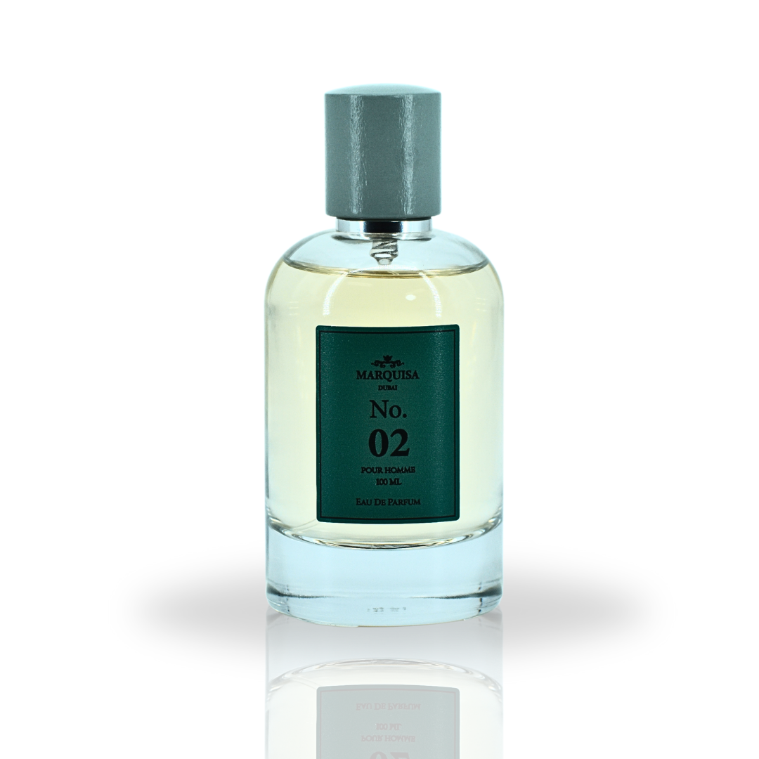 Marquisa Dubai NO. 02 Pour Homme Eau De Parfum spray bottle, 100ml, with sleek design and luxurious fragrance appearance