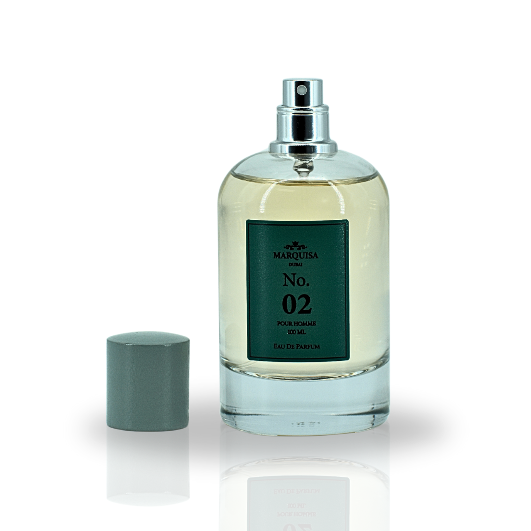 Marquisa Dubai NO. 02 Pour Homme Eau De Parfum spray 100ml, featuring a sleek bottle with luxurious fragrance design.