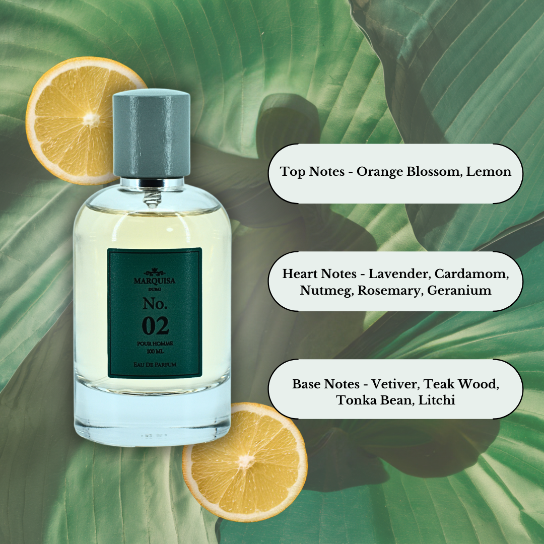 Marquisa Dubai NO. 02 Pour Homme EDP spray 100ML, a luxurious, long-lasting men's fragrance bottle on a white background.