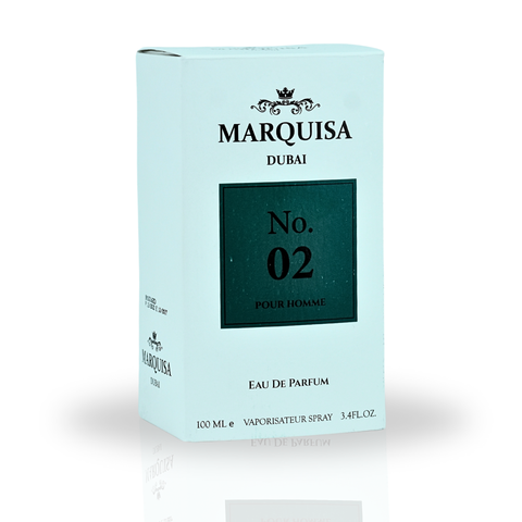 Marquisa Dubai No. 02 Pour Homme Eau de Parfum spray 100ML bottle with sleek design and luxurious packaging.