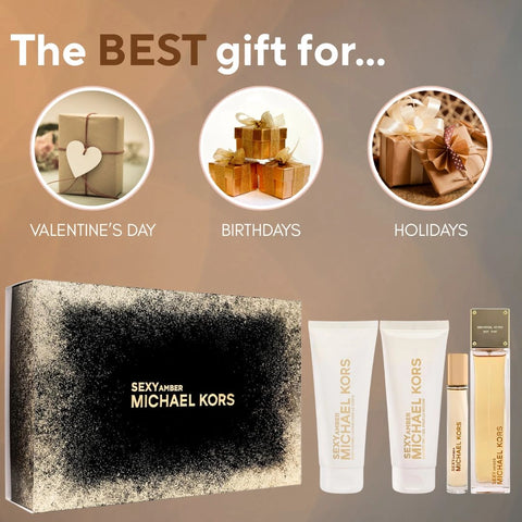Michael Kors Sexy Amber 4Pc Gift Set (3.4oz EDP Spray, 3.4oz Body Lotion, 3.4oz Shower Gel, 10ml EDP Spray) | Luxurious Amber, Creamy Sandalwood, Soft Jasmine - Intense Oud