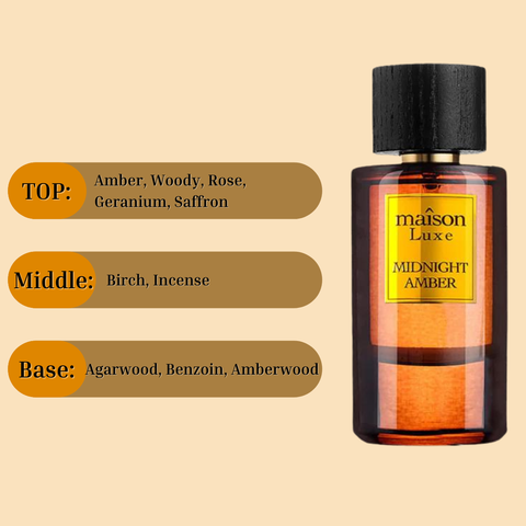Maison Luxe Midnight Amber Eau de Parfum spray by Hamidi, 110ml bottle, featuring a dark amber-colored glass perfume bottle.