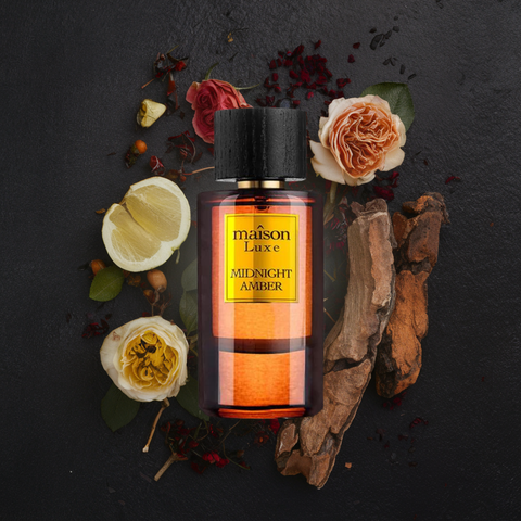 Maison Luxe Midnight Amber Eau de Parfum spray by Hamidi, 110ml bottle featuring deep amber liquid and elegant perfume packaging
