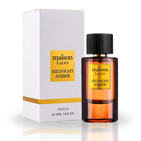 Maison Luxe Midnight Amber Eau de Parfum spray by Hamidi, 110ml, with a sleek bottle and warm amber fragrance visible.