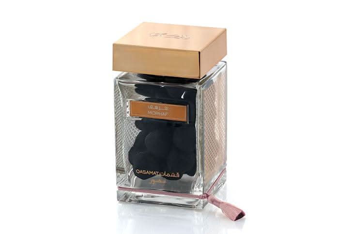 Qasamat Morhaf Bakhoor by Rasasi, 130g, traditional aromatic incense in a decorative container, used for home fragrance.