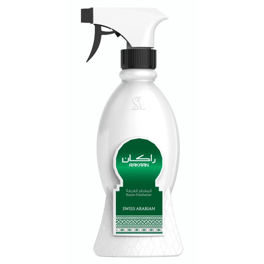 Swiss Arabian Rakaan Air Freshener 300ml bottle with floral and musky scent, showcasing elegant packaging.