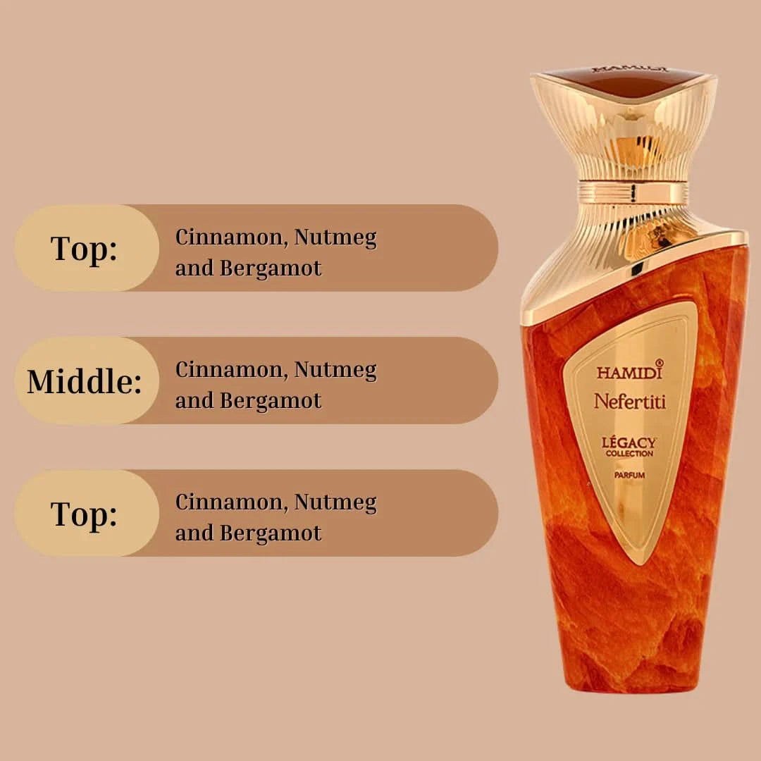 Hamidi Legacy Nefertiti Eau de Parfum spray 100ml with velvet pouch, elegant bottle featuring intricate design.