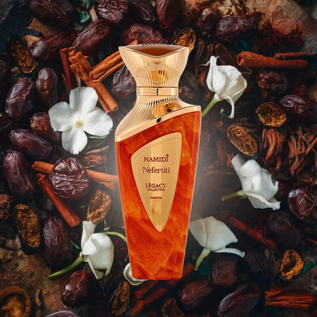Hamidi Legacy Nefertiti Eau de Parfum spray 100ml with velvet pouch, elegant bottle showcasing luxurious fragrance.