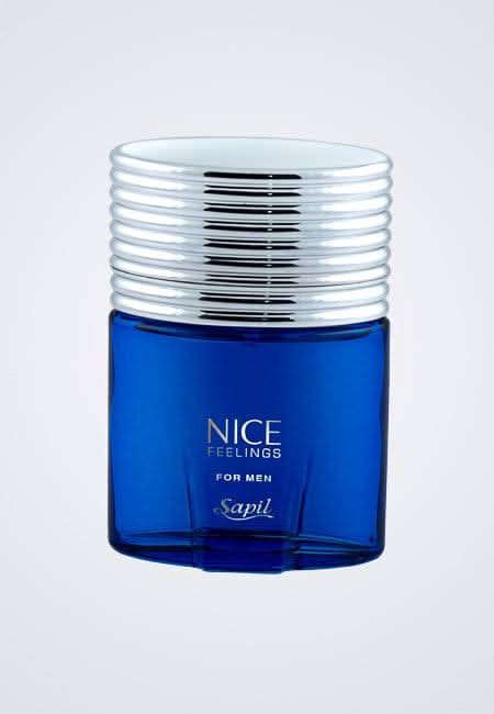 Sapil Nice Feelings Blue for Men Eau de Toilette 75ml bottle in a velvet pouch, with the product label visible.