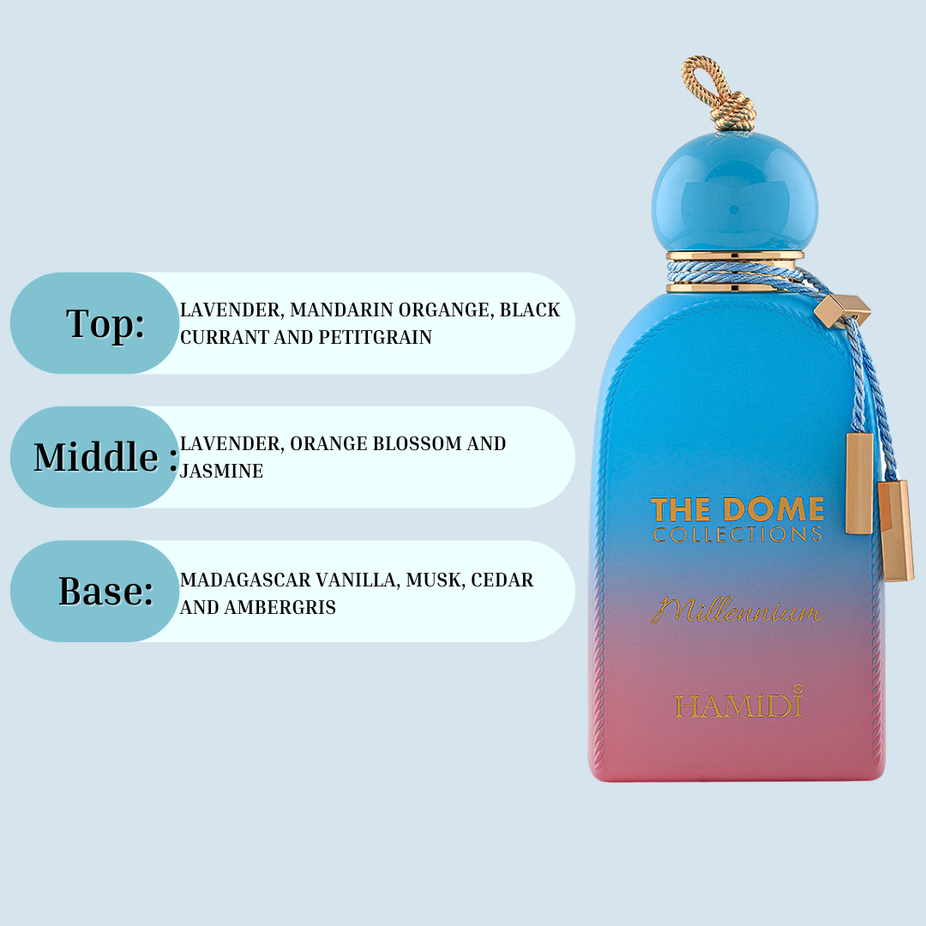 Hamidi THE DOME Millennium Eau De Parfum spray 100ml bottle, modern fragrance with elegant design and sleek packaging.