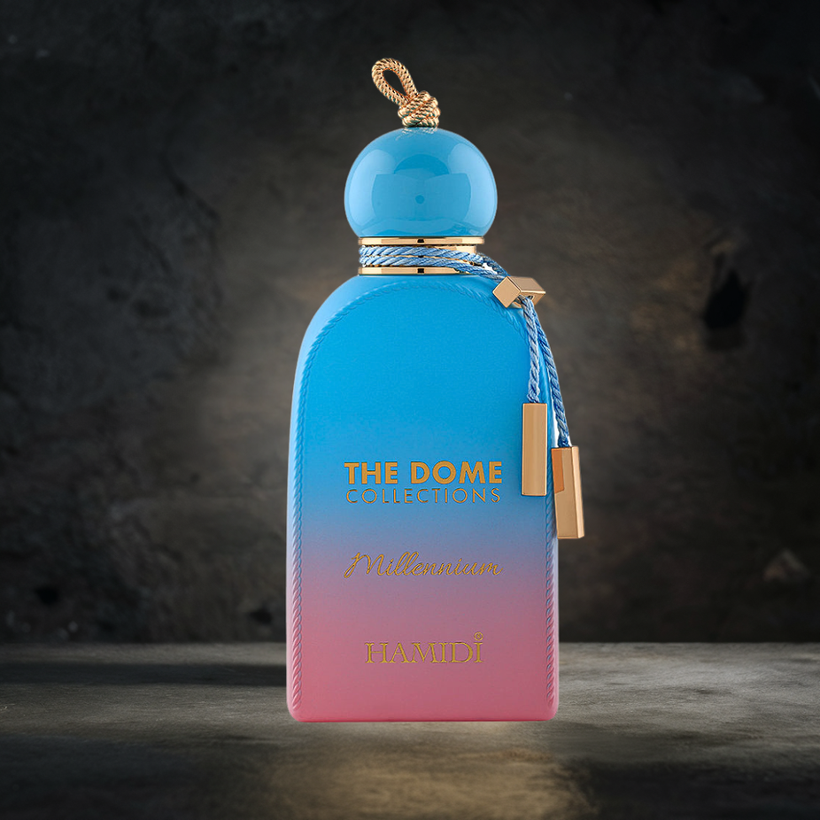 Hamidi THE DOME Millennium EDP spray 100ML, stylish glass bottle with modern design, showcasing the fragrance for men and women.