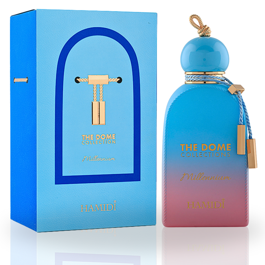 Hamidi THE DOME Millennium EDP spray 100ml, elegant glass bottle with modern design, showcasing luxury fragrance packaging.