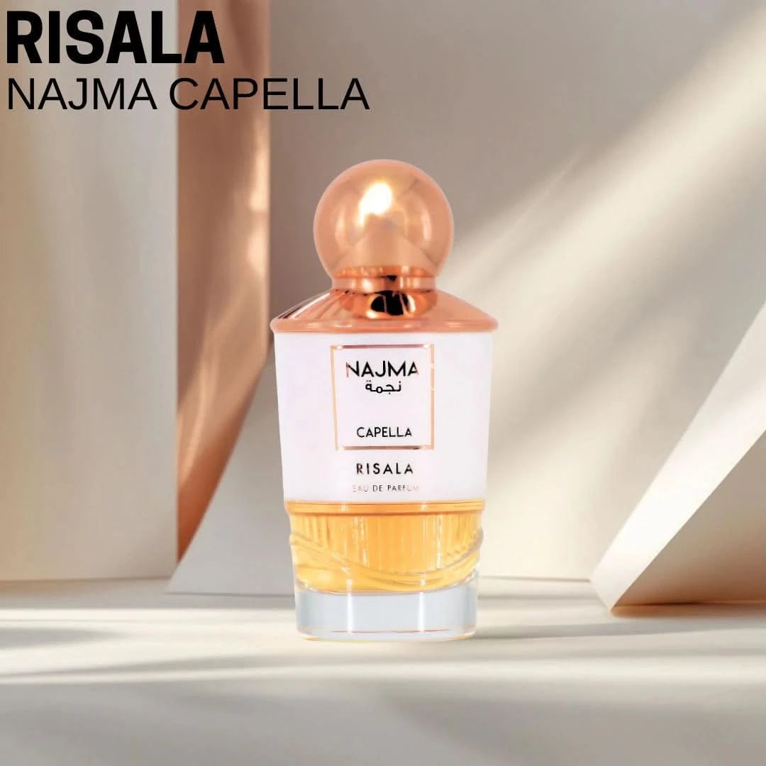 Najma Capella Eau de Parfum spray by Risala, 100ml bottle with elegant packaging, showcasing the fragrance design.
