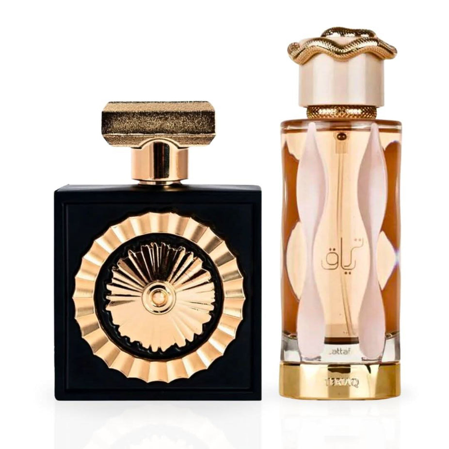 Lattafa Nebras & Teriaq Eau de Parfum spray bundle, 100ml each, featuring elegant bottles and luxurious fragrance designs.