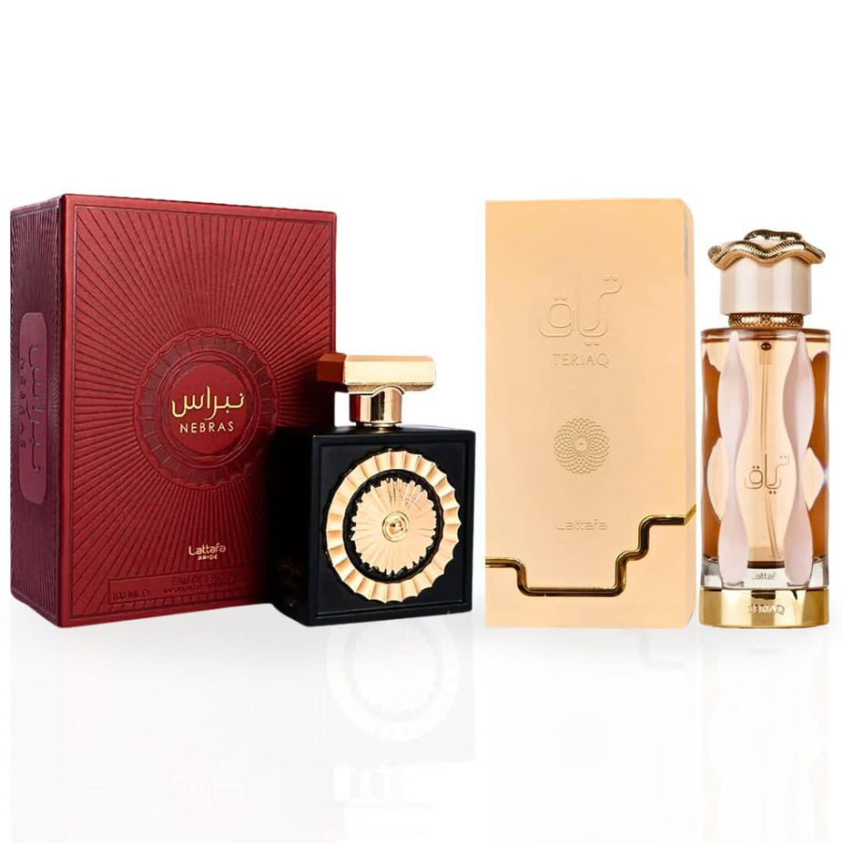 Lattafa Nebras & Teriaq Eau de Parfum spray bundle, 100ml each, featuring elegant glass bottles with decorative caps.