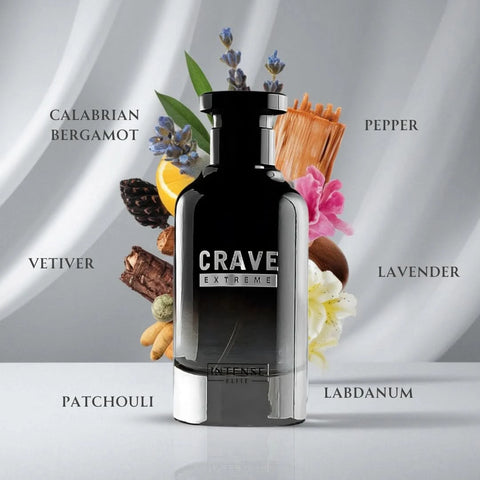 Intense Elite Crave Extreme Eau de Parfum spray 100ml with velvet pouch, featuring a sleek glass perfume bottle and silver cap.