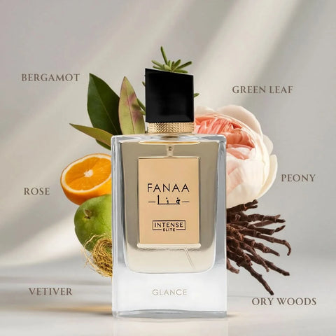 Intense Elite Fanaa Glance for Women Eau De Parfum spray 100ml with velvet pouch, featuring elegant perfume bottle design.