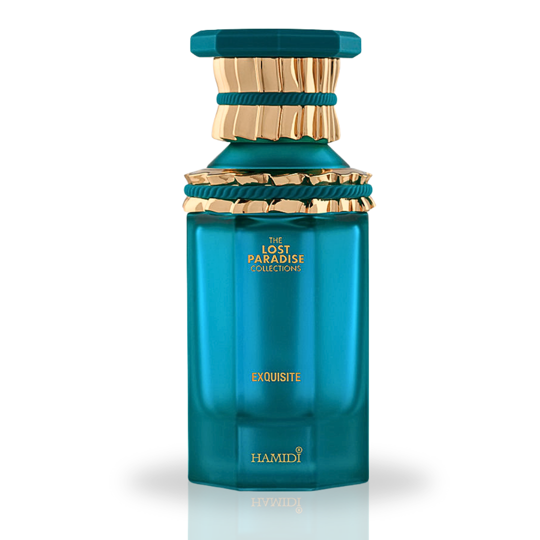 Hamidi Exquisite Eau de Parfum Spray 100ml in velvet pouch, elegant bottle with floral and fruity fragrance notes.