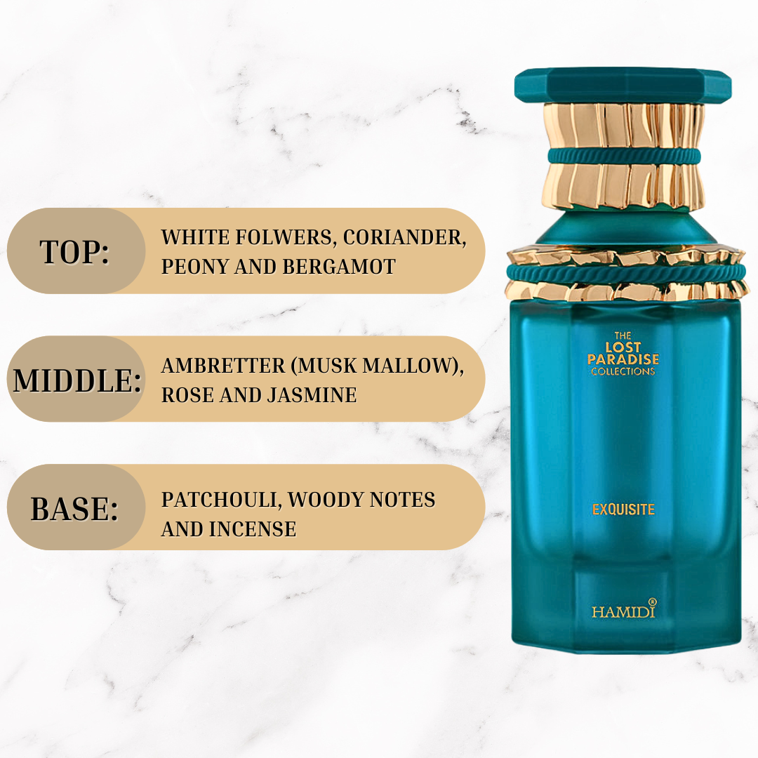 Hamidi Exquisite Eau de Parfum spray 100ml with velvet pouch, elegant bottle and luxurious fragrance presentation.