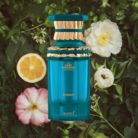 Hamidi Exquisite Eau de Parfum Spray 100ml in a velvet pouch, showcasing the elegant perfume bottle with a sleek design.