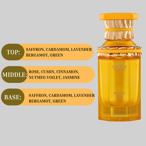 Heavenly Bliss Eau de Parfum spray by Hamidi, 100ml, featuring a sleek bottle with elegant design and floral accents.