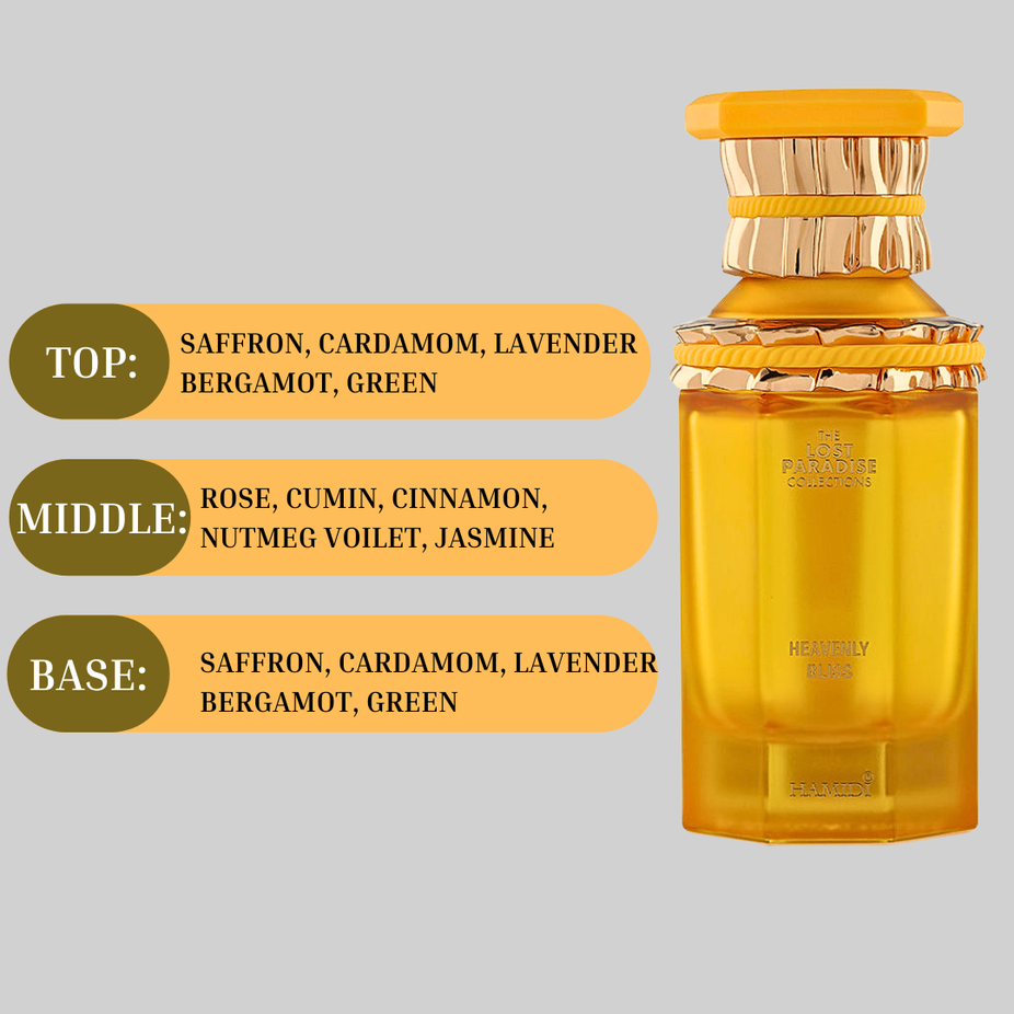 Hamidi Heavenly Bliss Eau de Parfum spray 100ml bottle, elegant design, showcasing the luxurious fragrance.