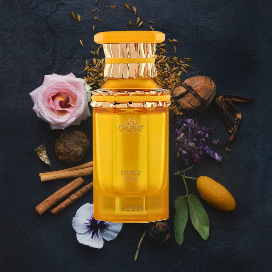Hamidi Heavenly Bliss Eau de Parfum spray 100ml bottle, elegant design with floral and woody notes visible in the image.