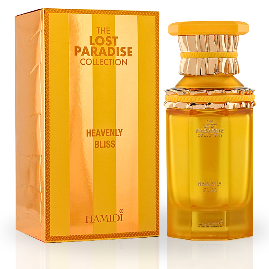 Heavenly Bliss Eau de Parfum spray by Hamidi, 100ml bottle, elegant fragrance bottle with gold accents and floral design.