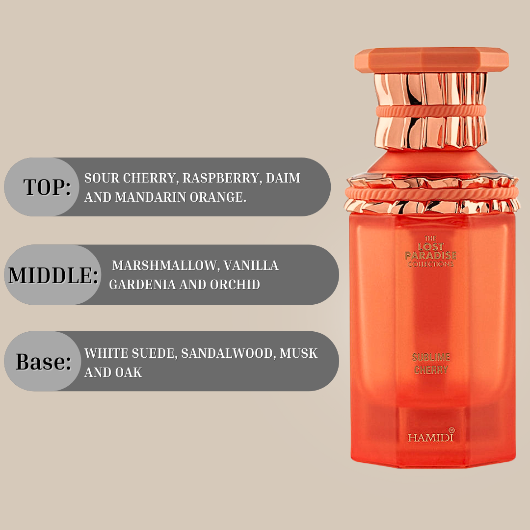 Hamidi Sublime Cherry Eau de Parfum spray in a velvet pouch, featuring a sleek 100ml bottle with cherry-themed design.