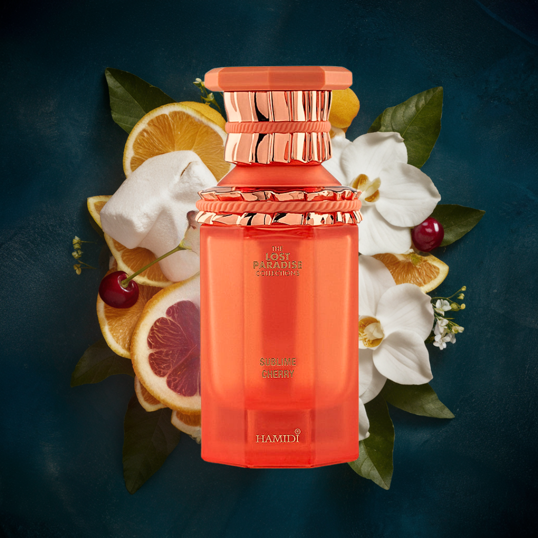 Hamidi Sublime Cherry Eau de Parfum spray in 100ml with velvet pouch, featuring a sleek bottle design and cherry-inspired fragrance.