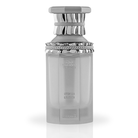 Hamidi Utopian Leather EDP Spray 100ml, elegant glass bottle with leather accents, showcasing luxurious perfume packaging.