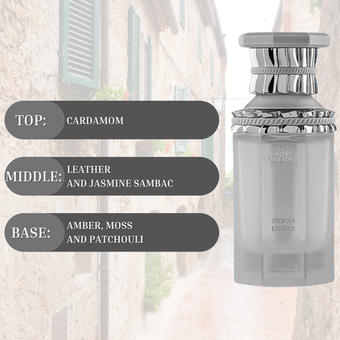 Hamidi Utopian Leather EDP spray 100ml bottle, showcasing luxurious leather scent in an elegant perfume bottle.