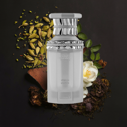 Hamidi Utopian Leather EDP spray 100ml, elegant glass bottle with a sleek design, showcasing luxurious leather fragrance.
