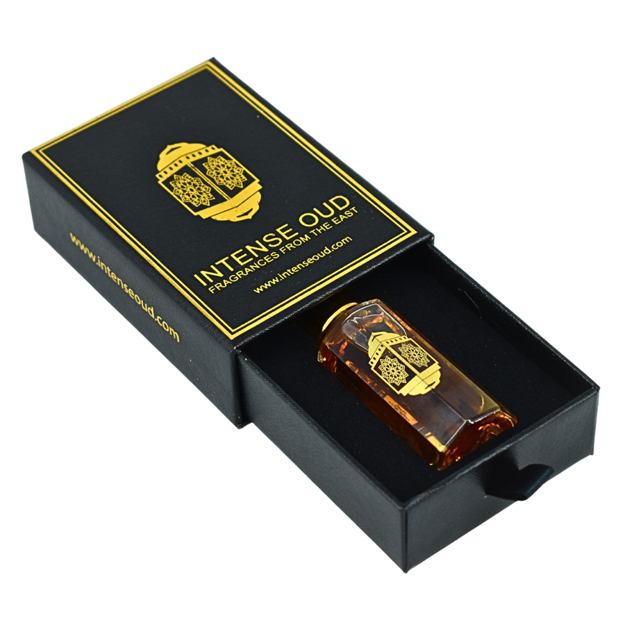 Nouf Perfume Oil by Intense Oud in black gift box, 12ml loose oil bottle with elegant packaging and dark design.