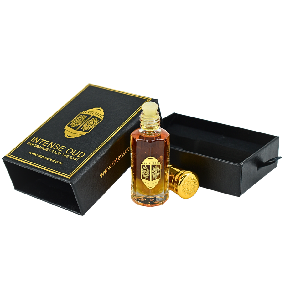 Nouf Perfume Oil by Intense Oud in a black gift box, 12ml loose oil with elegant packaging and dark-colored bottle.